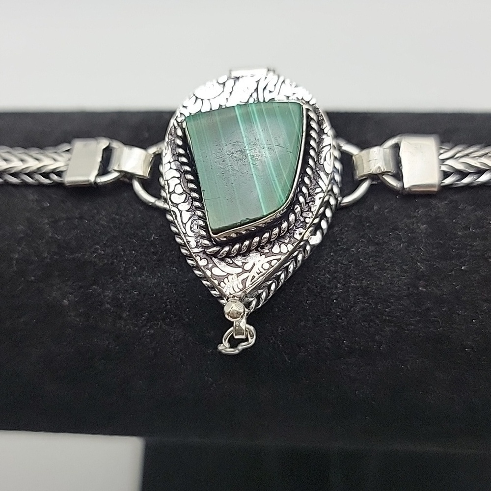 Malachite 925 Silver Plated Poison / Pill Box Bracelet 8.5" Natural Gemstone - Picture 3 of 8